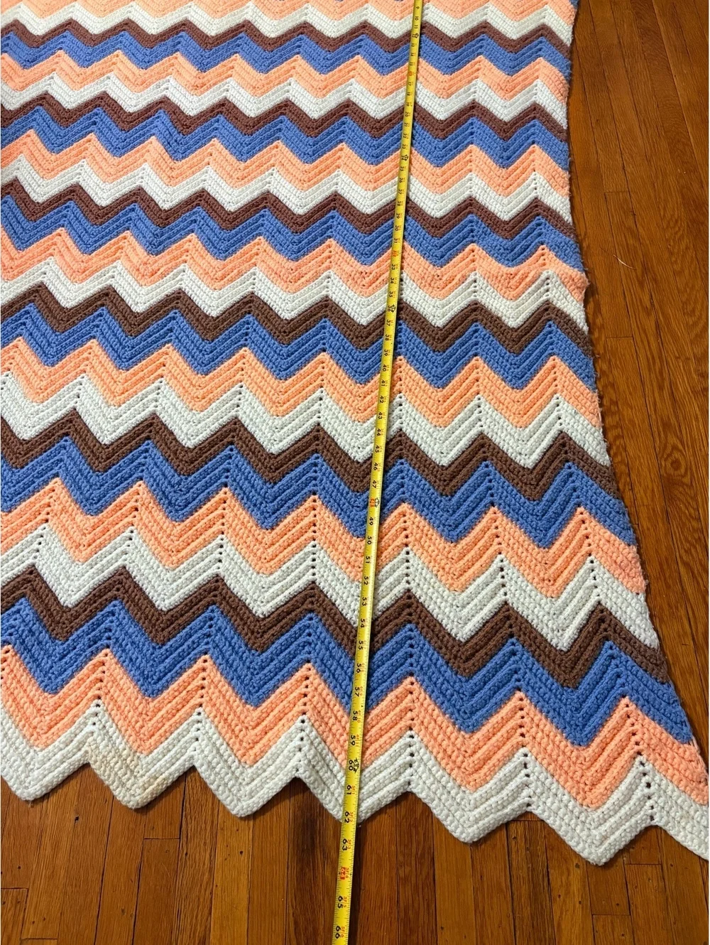 Hand Crocheted Chevron Afghan Throw Blanket Peach Blue Brown 48x62